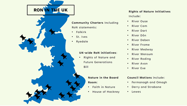 Map of the UK with pins listing various initiatives